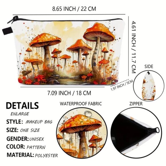 Cosmetic Bag Makeup Mushroom Clutch Pouch Travel Storage Hippie Wonderland NEW - Picture 3 of 3
